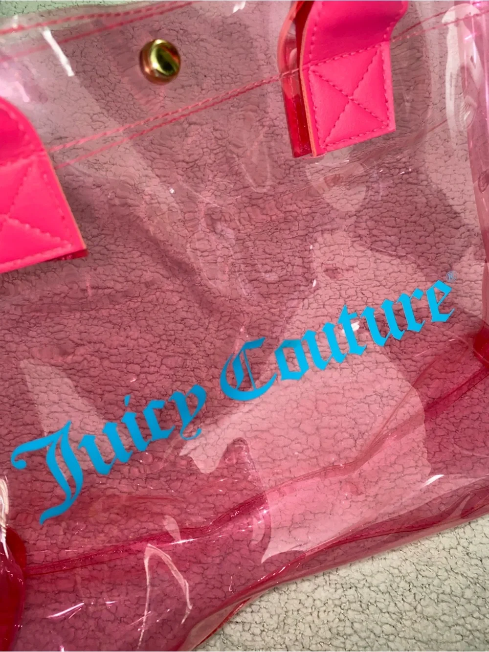 Juicy Couture Pink Clear PVC Tote Bag Blue Logo Beach Pool Shopper y2k